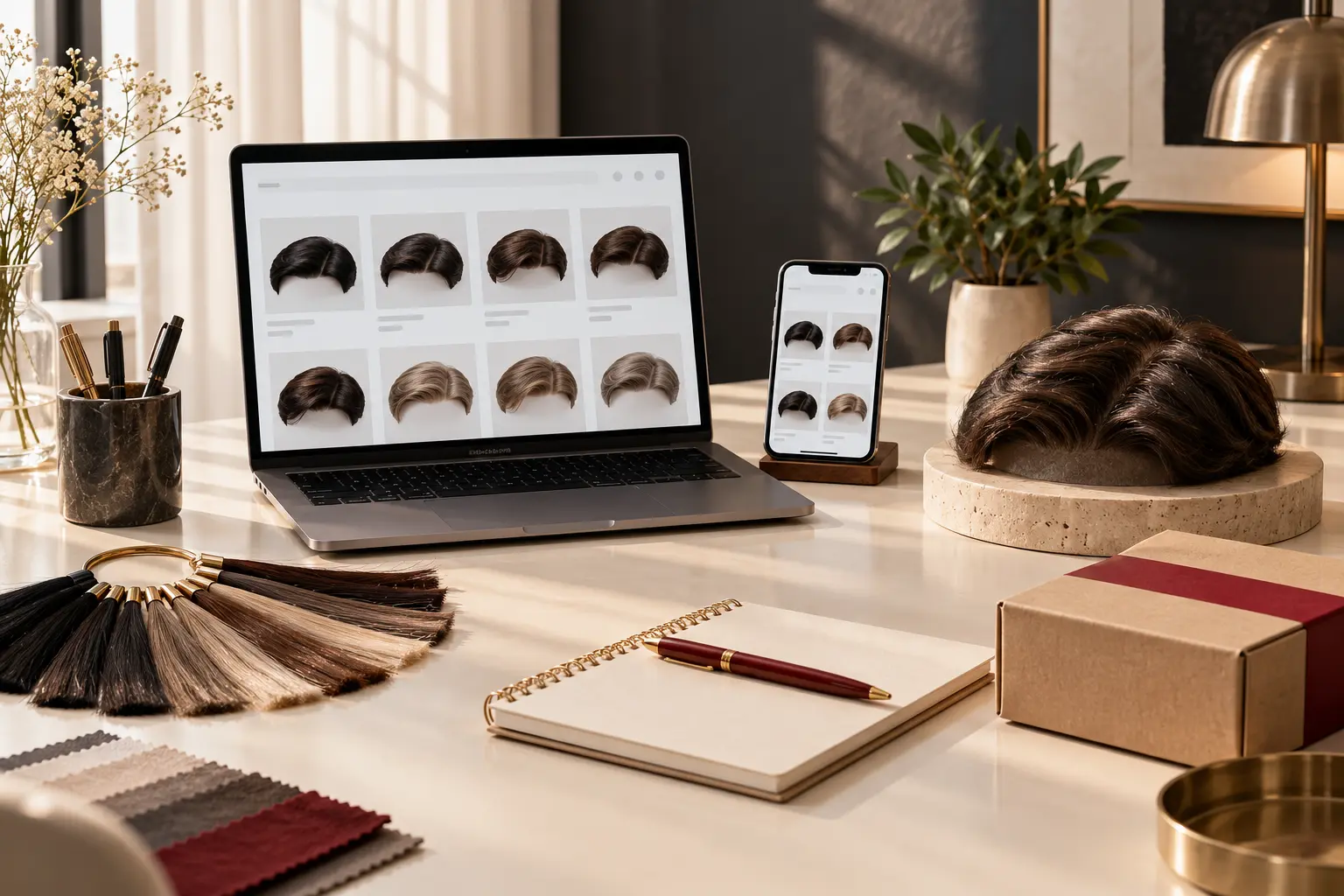 Consultation workspace with hair system catalog, color swatches, and shipping box