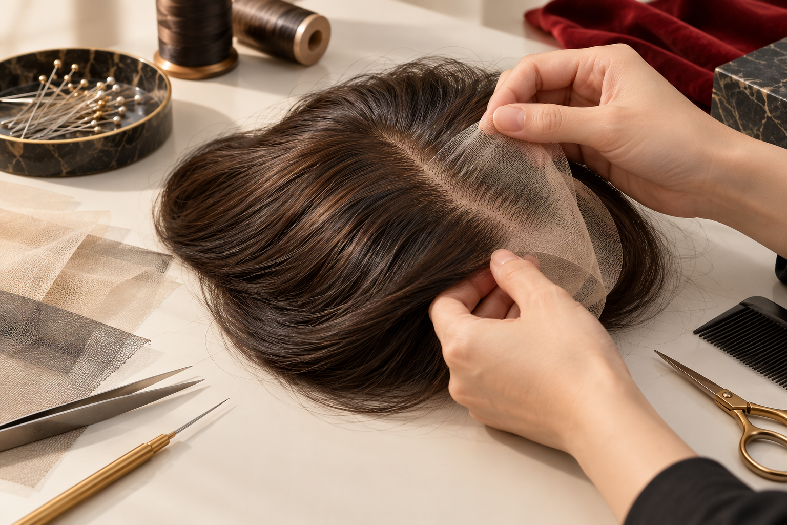 Hands inspecting the fine lace base of a natural brown hair system