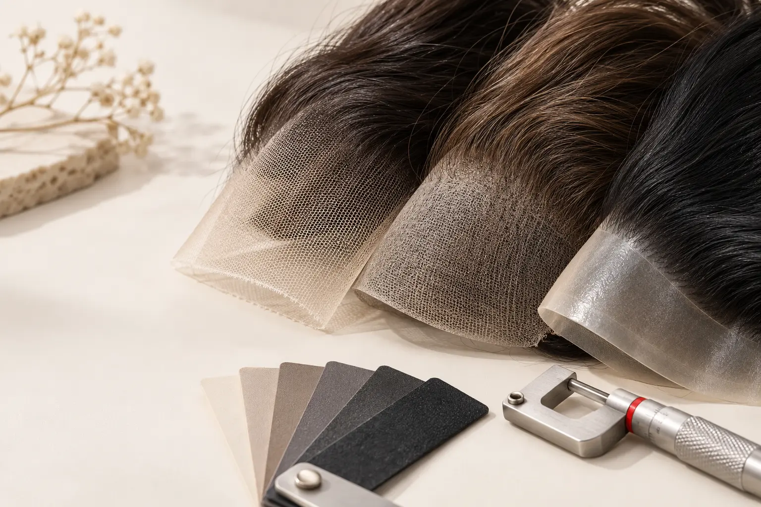 Close-up of lace, monofilament, and thin skin hair system base materials