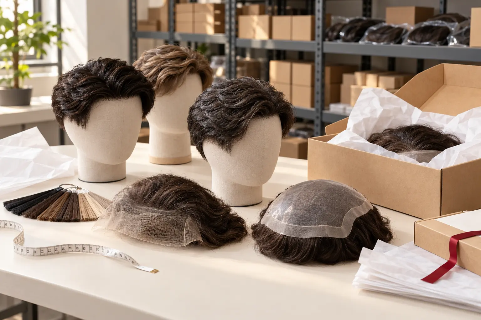 Organized stock hair systems, base materials, color swatches, and shipping boxes